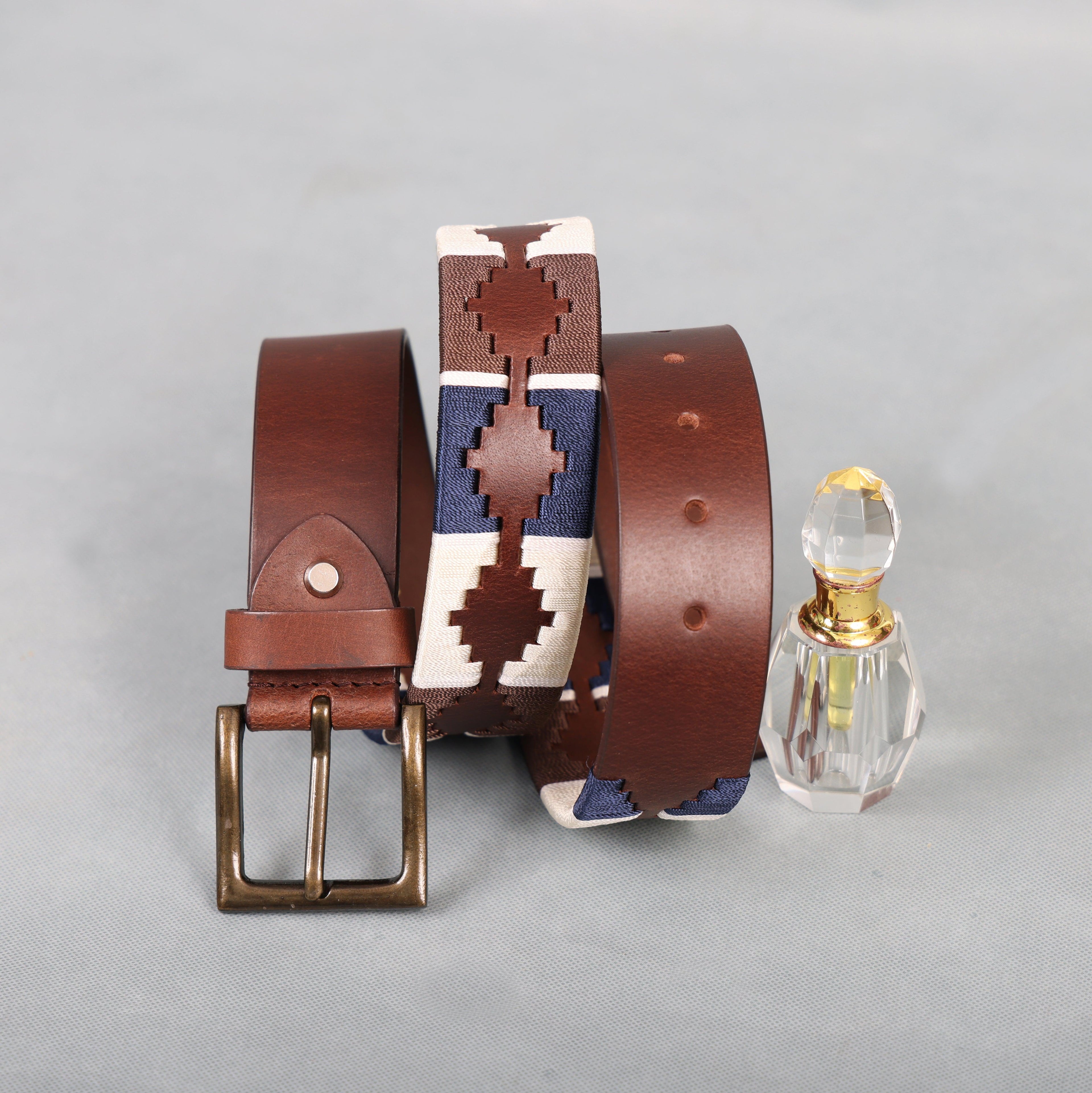 Brown Polo Leather Belt with Blue, Cream, and Brown Stitching & Antique Buckle