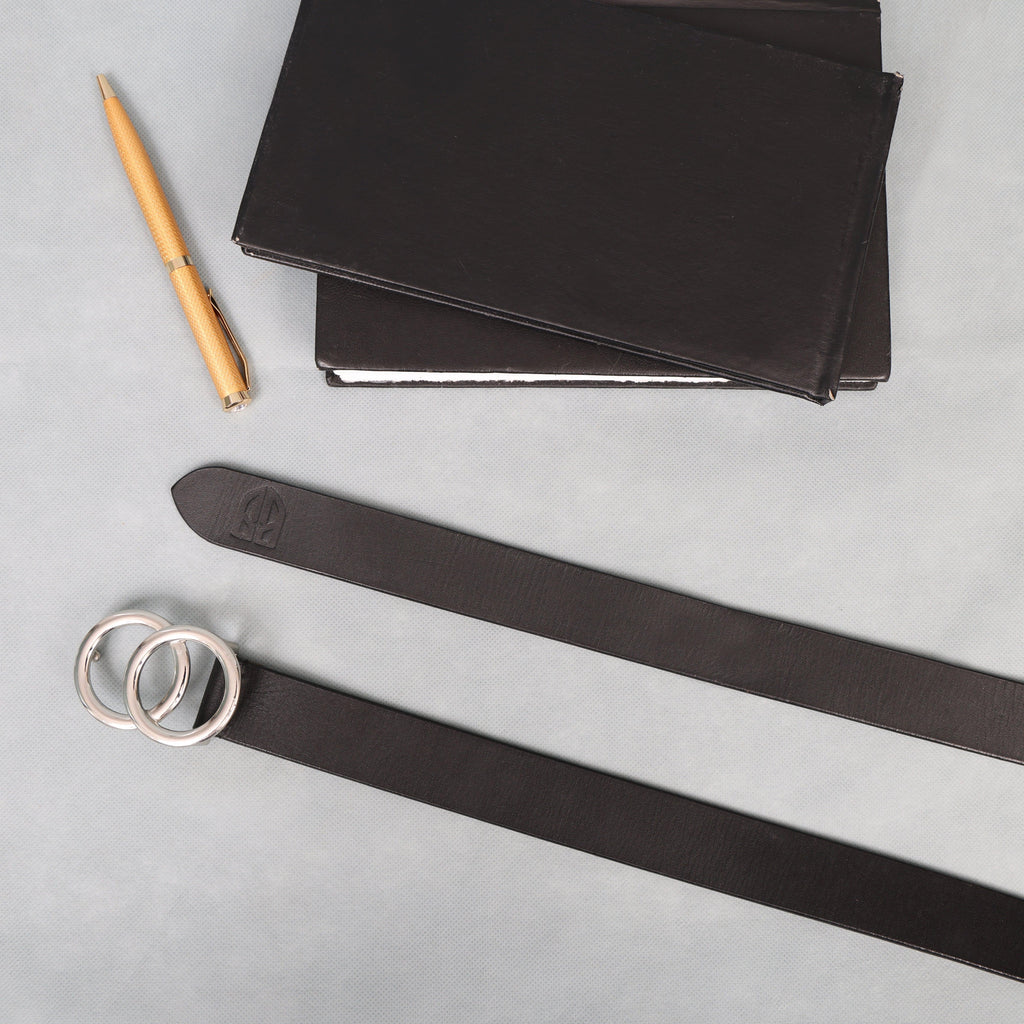 Black Leather Belt for Women with Designer Silver Buckle