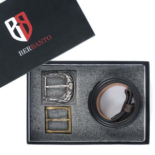 Berbanto Dark Brown Leather Western Belt with Western Engraved Rustic Silver Buckle + Free Antique Plain Buckle