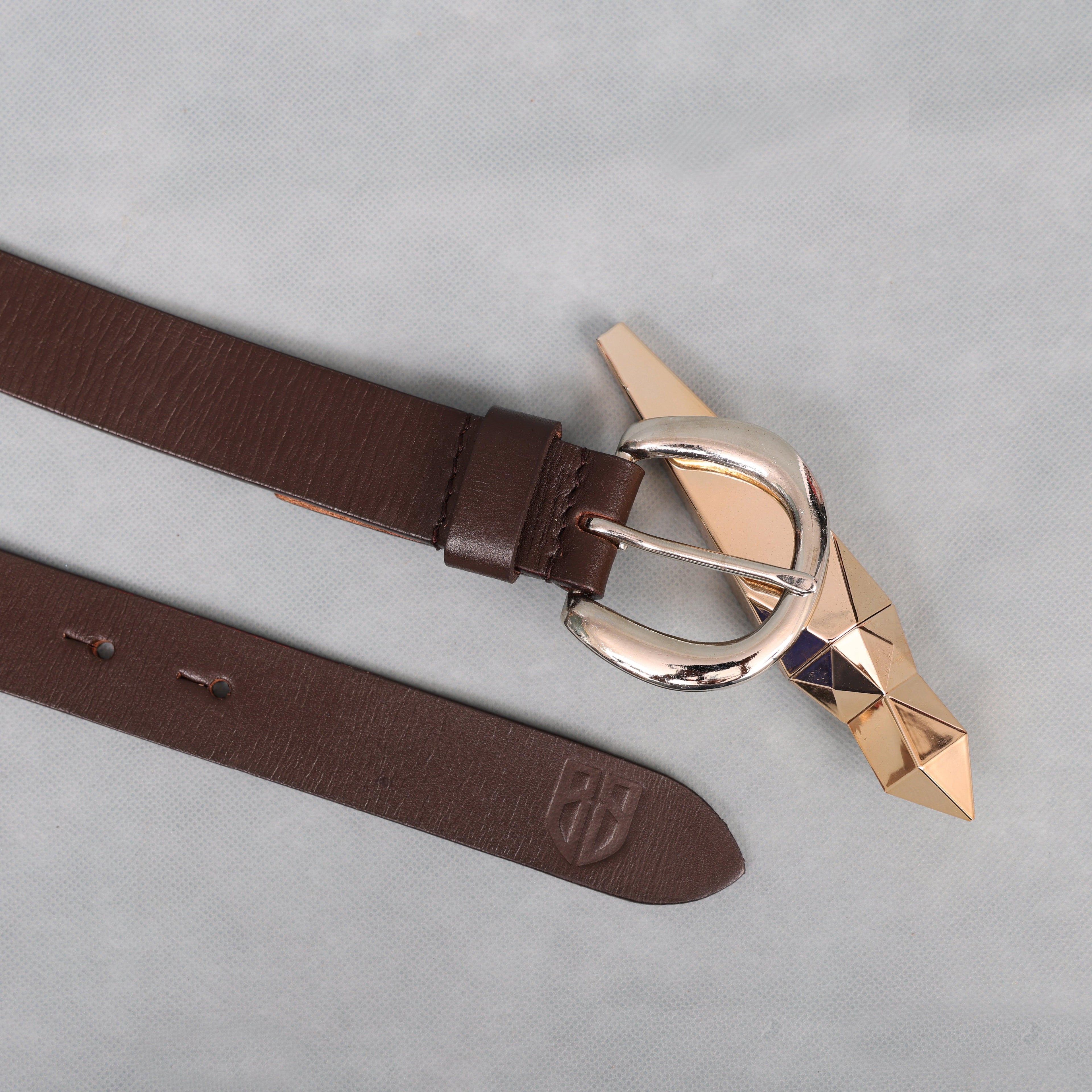 Brown Leather Belt for Women with Silver Round Buckle