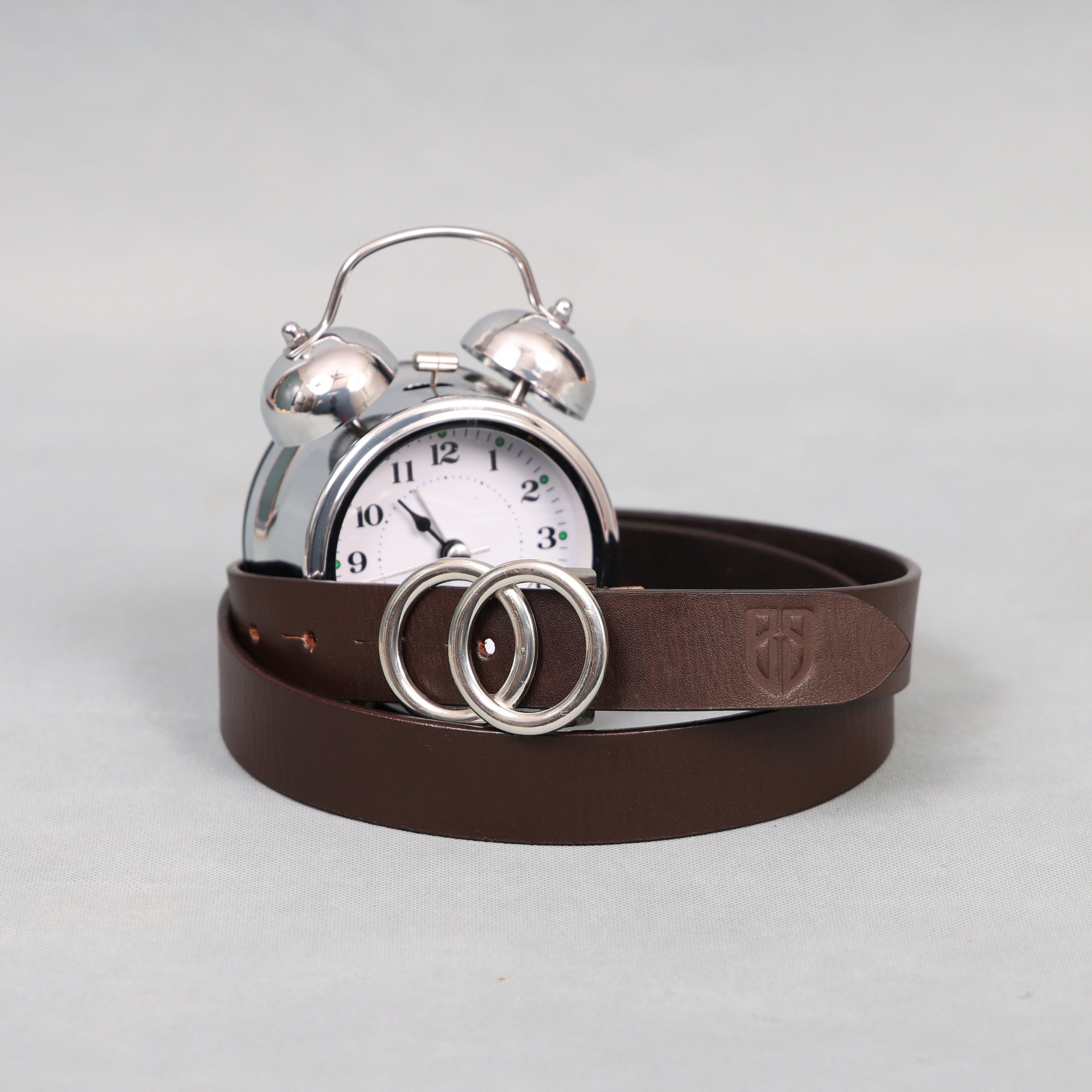 Brown Leather Belt for Women with Silver Round Buckle