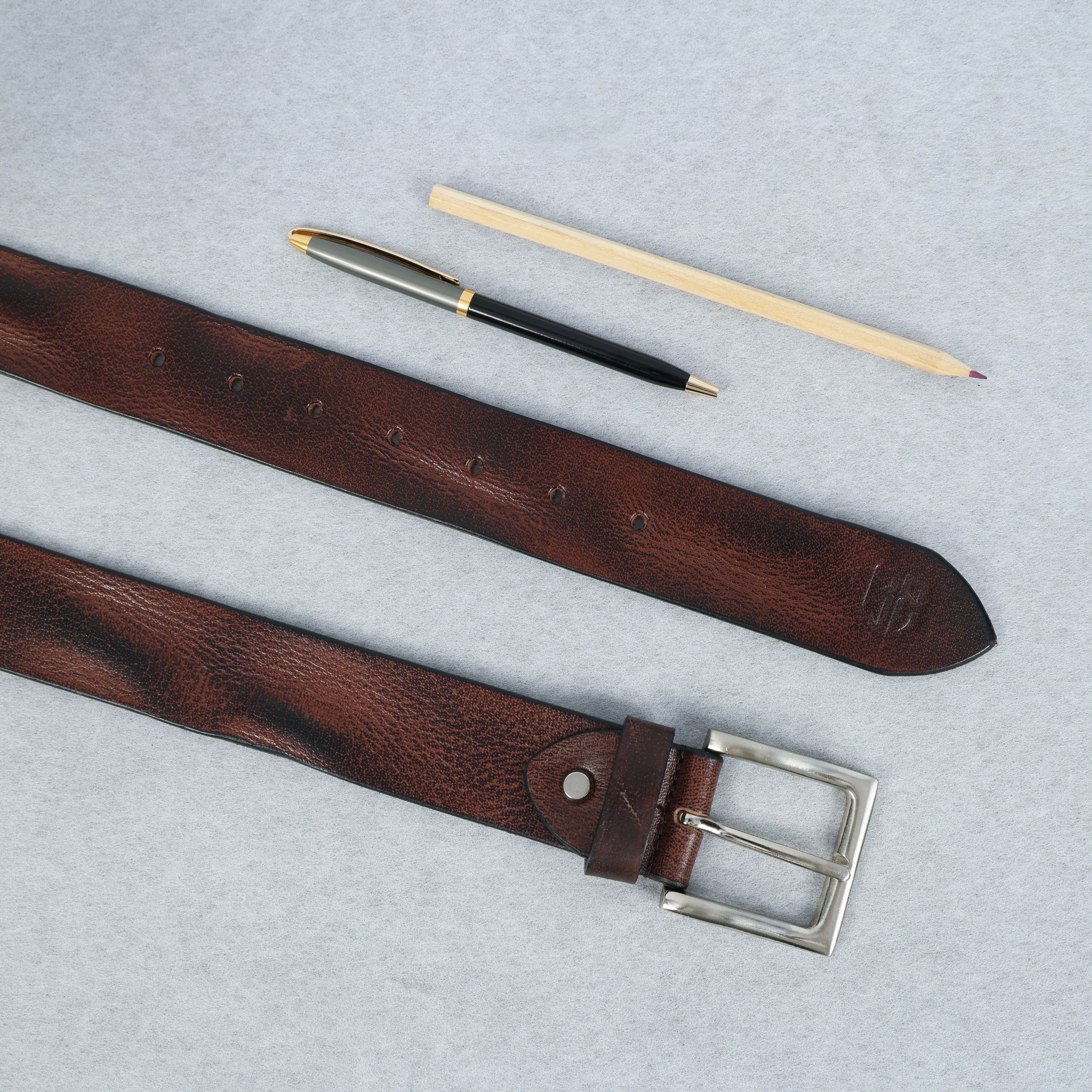 Brown Hand-Painted Leather Belt - Distressed with Silver Buckle