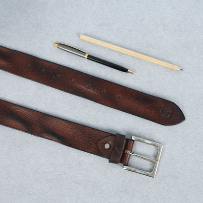 Brown Hand-Painted Leather Belt - Distressed with Silver Buckle