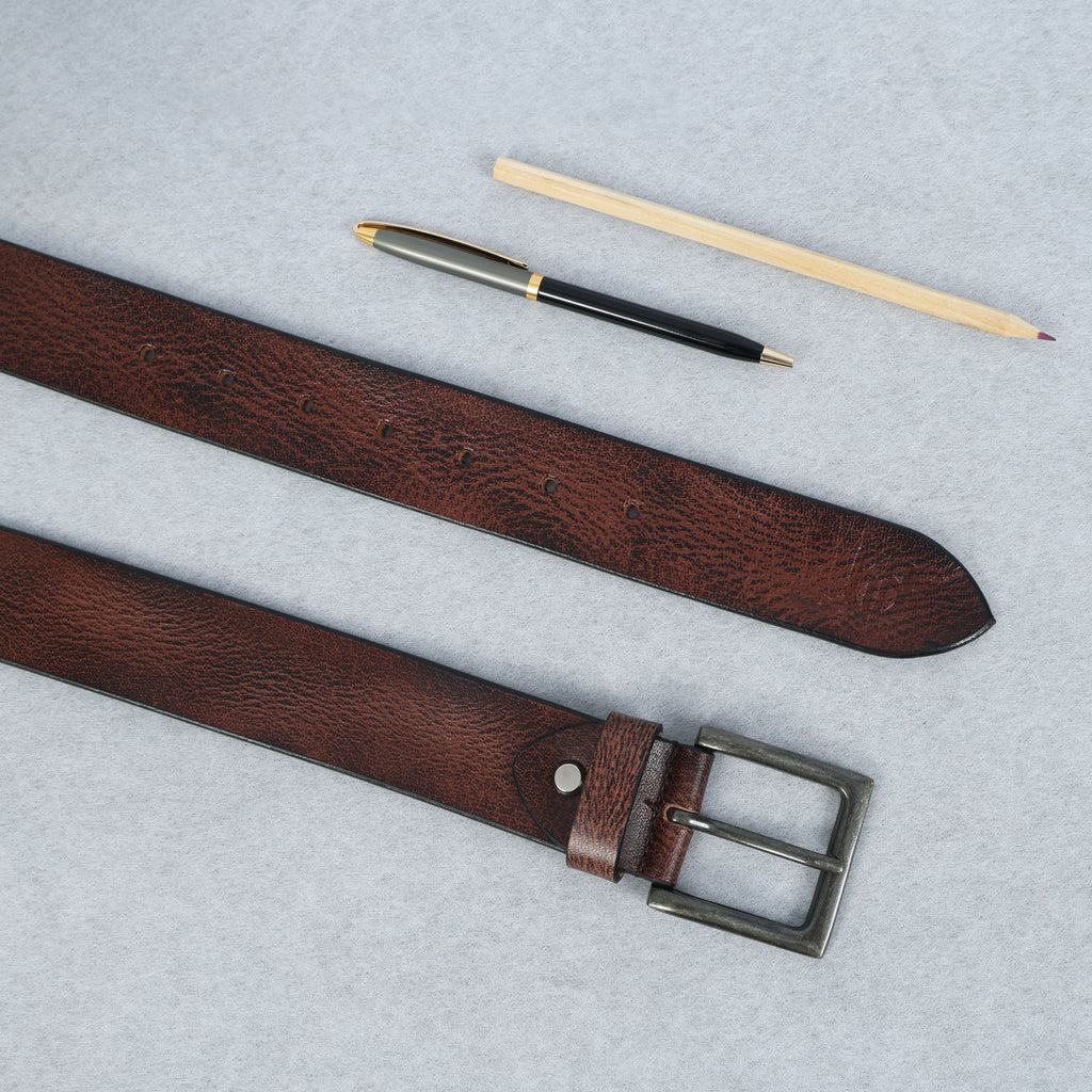 Brown Hand-Painted Leather Belt - Hammered with Antique Buckle