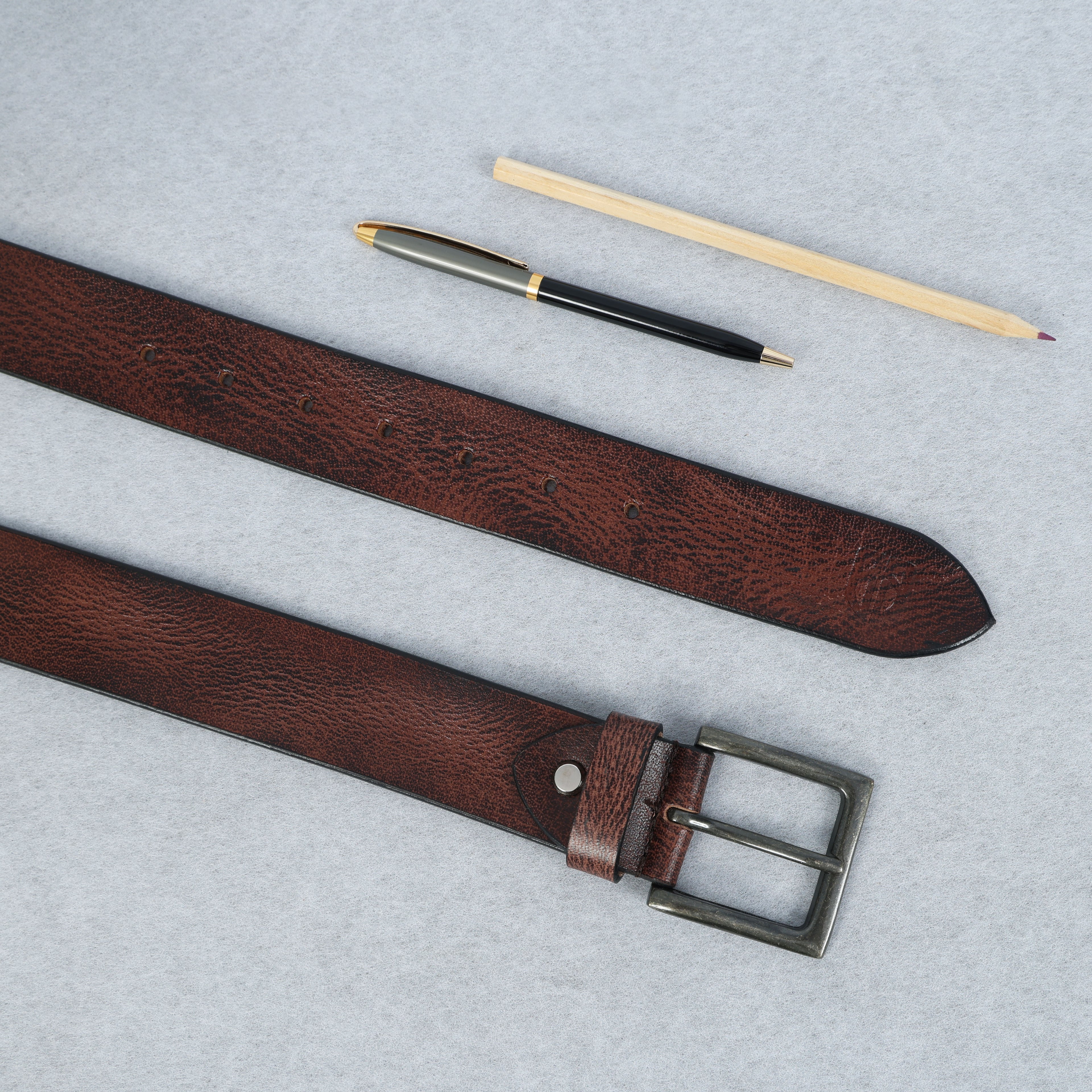 Brown Hand-Painted Leather Belt - Hammered with Antique Buckle