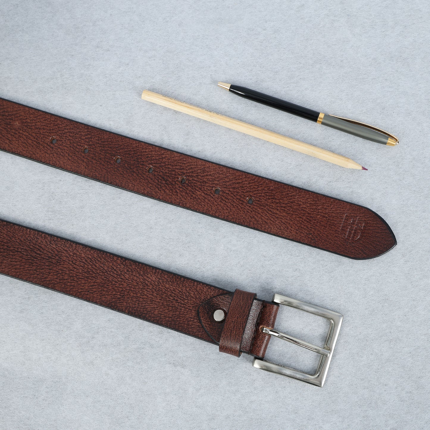 Brown Hand-Painted Leather Belt - Tree Pattern with Silver Buckle