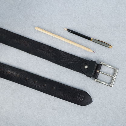 Black Hand-Painted Leather Belt - Hammered with Silver Buckle
