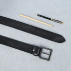 Black Hand-Painted Leather Belt - Distressed with Antique Buckle