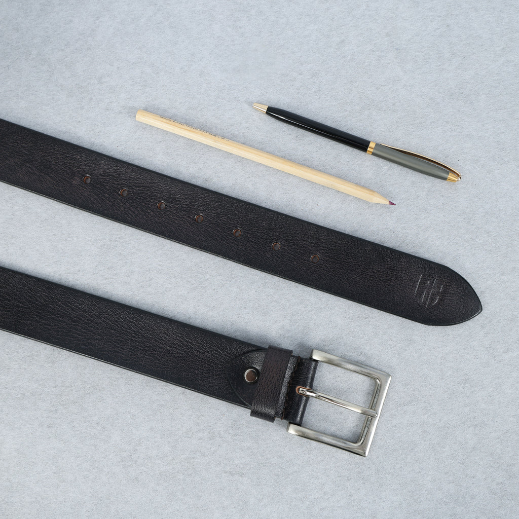Black Hand-Painted Leather Belt - Tree Pattern with Silver Buckle