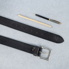 Black Hand-Painted Leather Belt - Tree Pattern with Silver Buckle