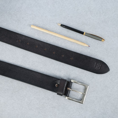 Black Hand-Painted Leather Belt - Tree Pattern with Silver Buckle