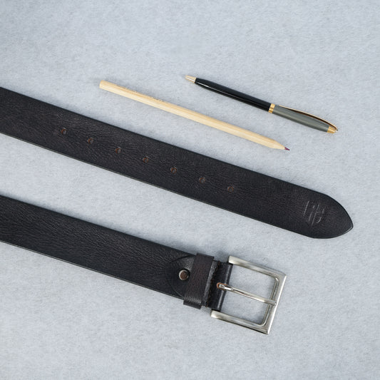 Black Hand-Painted Leather Belt - Tree Pattern with Silver Buckle