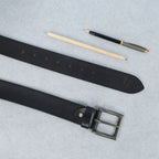 Black Hand-Painted Leather Belt - Tree Pattern with Antique Buckle