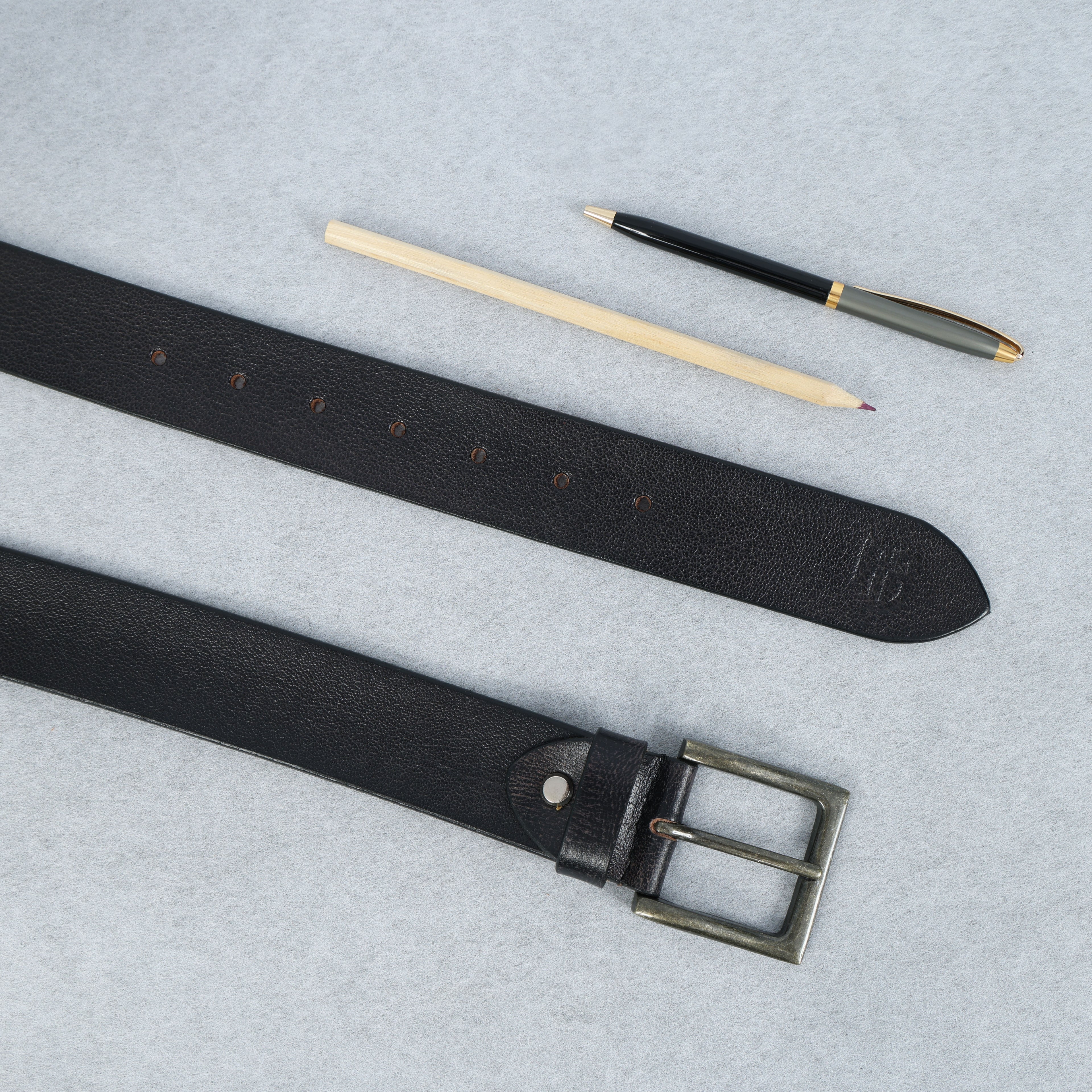 Black Hand-Painted Leather Belt - Tree Pattern with Antique Buckle