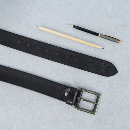 Black Hand-Painted Leather Belt - Tree Pattern with Antique Buckle