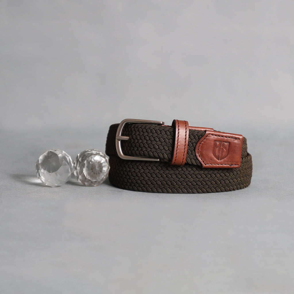 Golf Stretch Belt – Olive Green with Brown Leather Trim