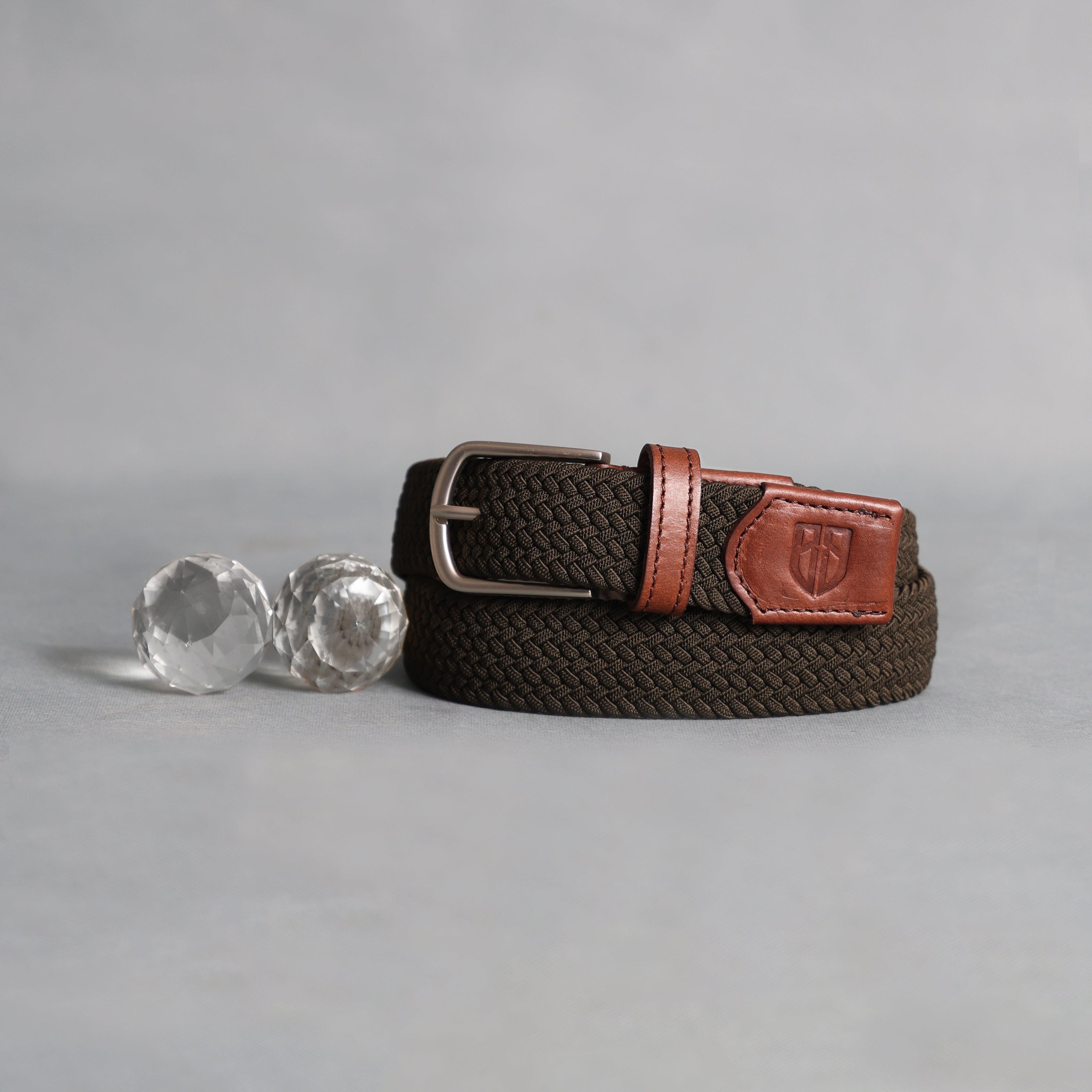 Golf Stretch Belt – Olive Green with Brown Leather Trim