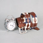 Brown Polo Leather Belt with Blue, Cream, and Brown Stitching & Silver Buckle