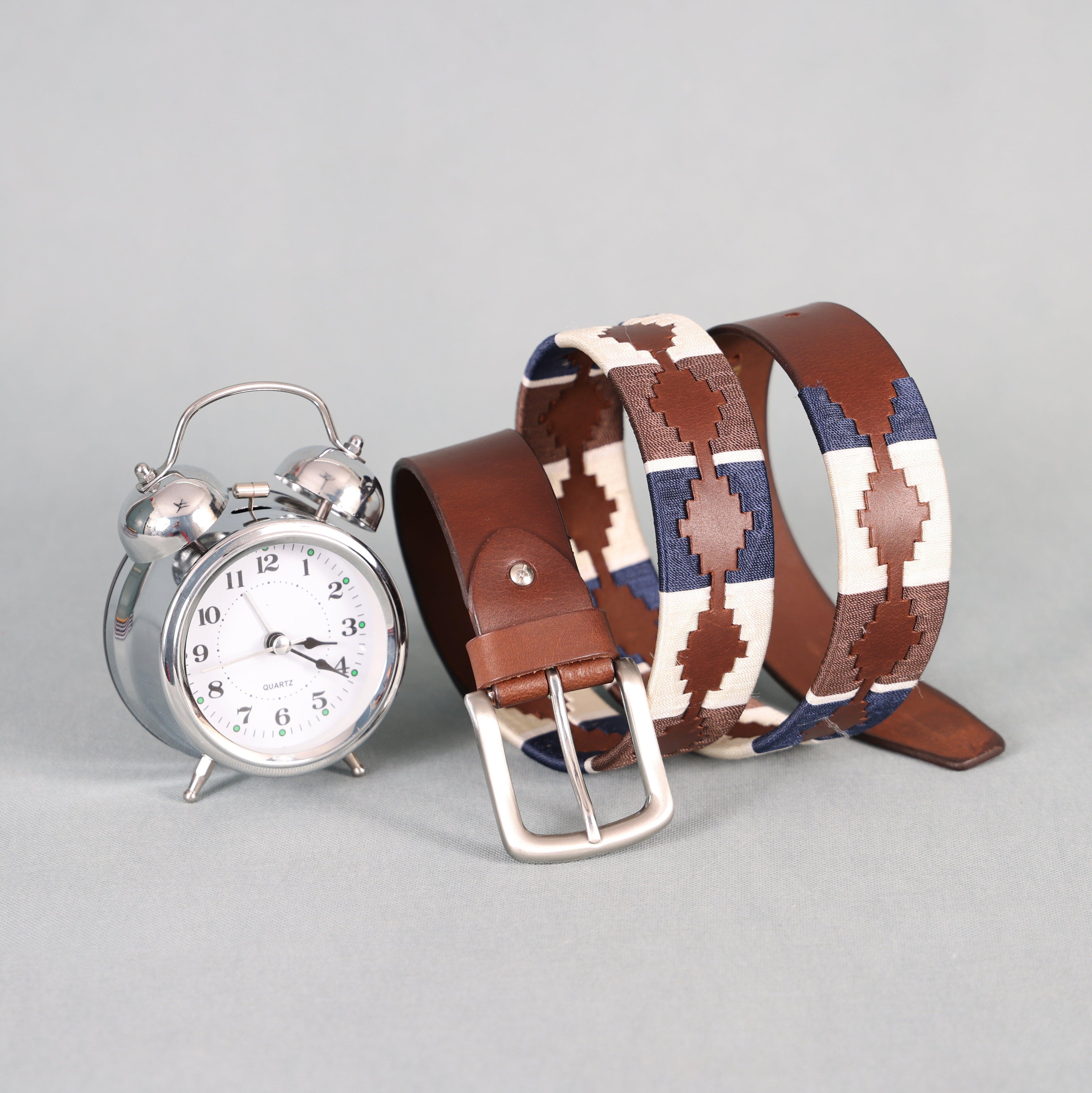 Brown Polo Leather Belt with Blue, Cream, and Brown Stitching & Silver Buckle