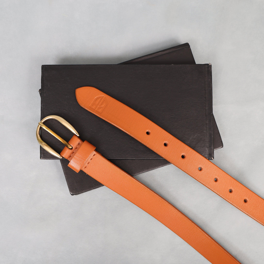 Tan Leather Belt for Women with Golden Buckle