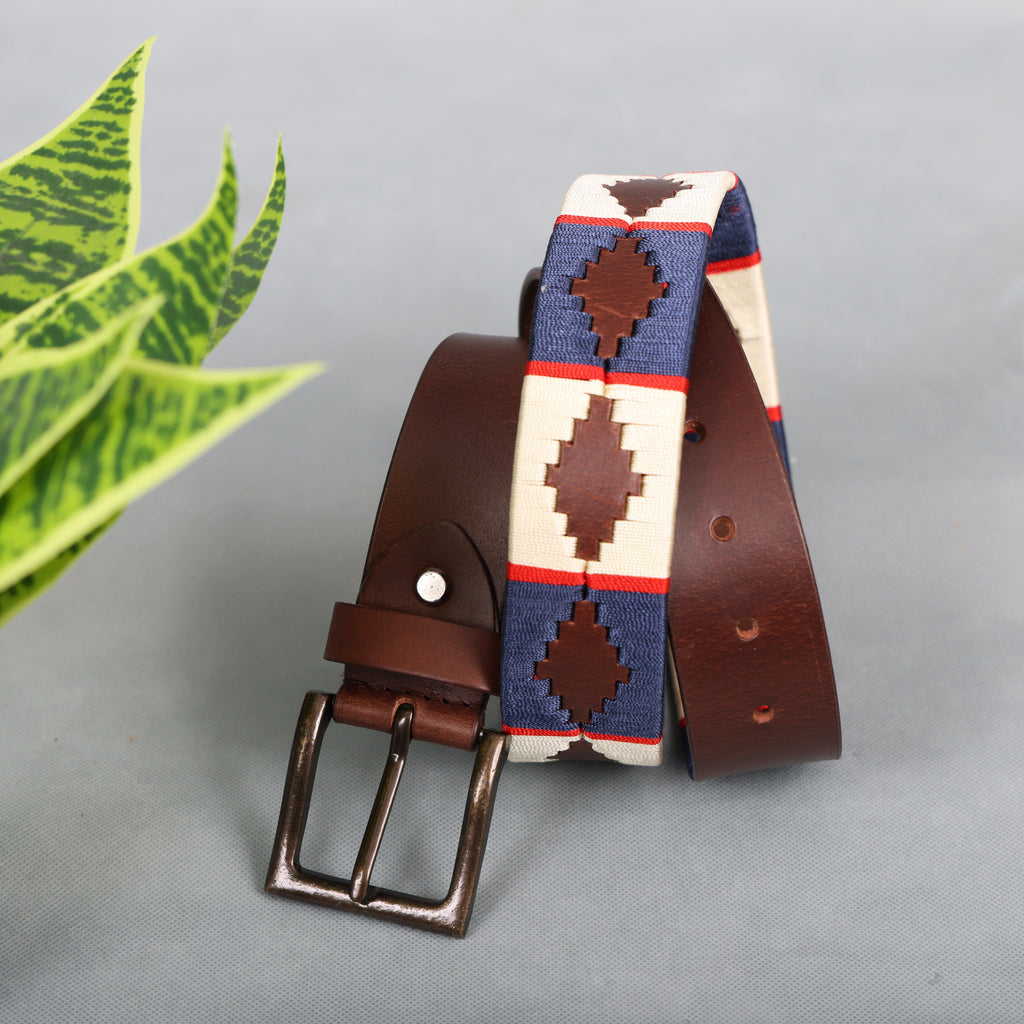 Brown Polo Leather Belt with Cream, Blue, and Red Stitching & Classic Antique Buckle