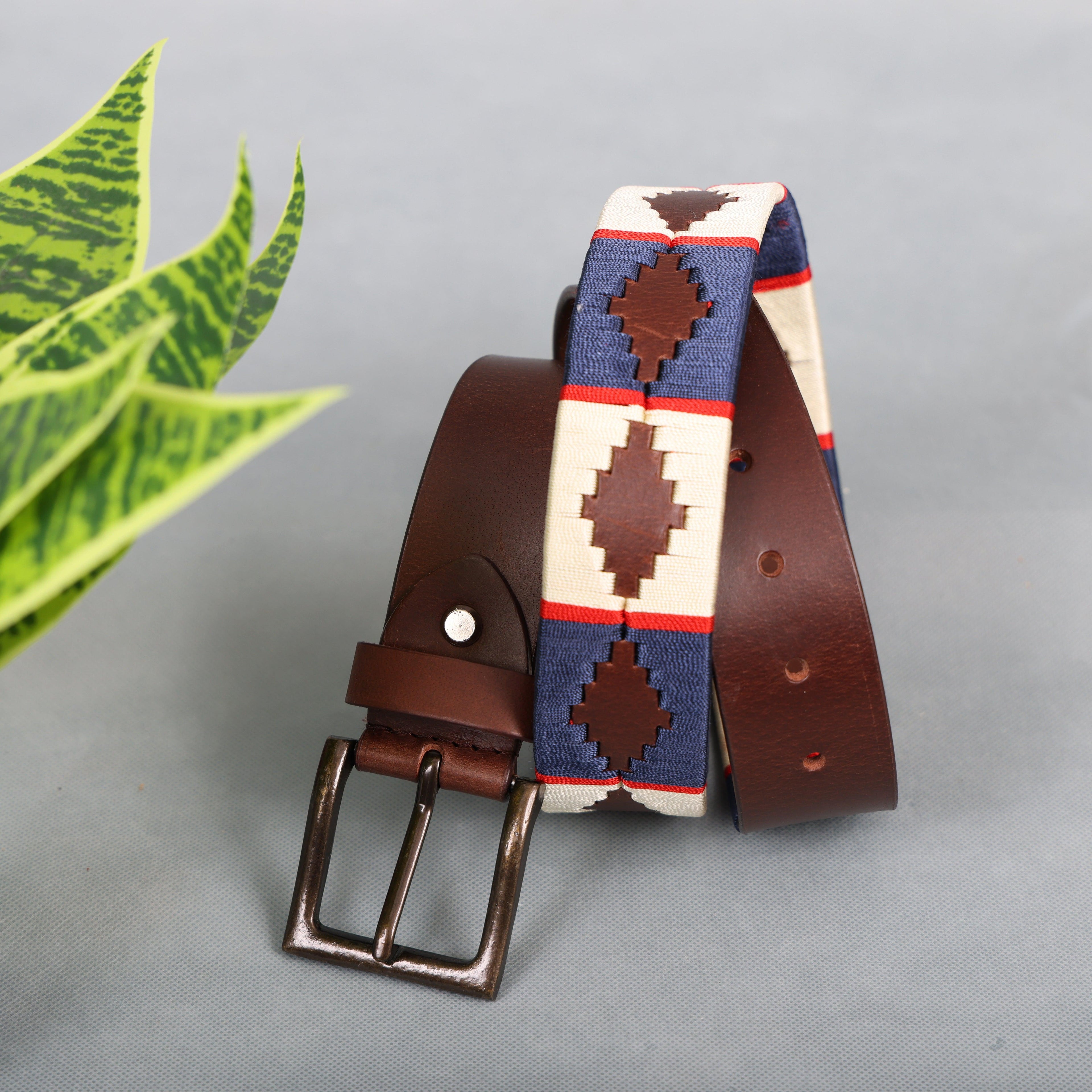 Brown Polo Leather Belt with Cream, Blue, and Red Stitching & Classic Antique Buckle
