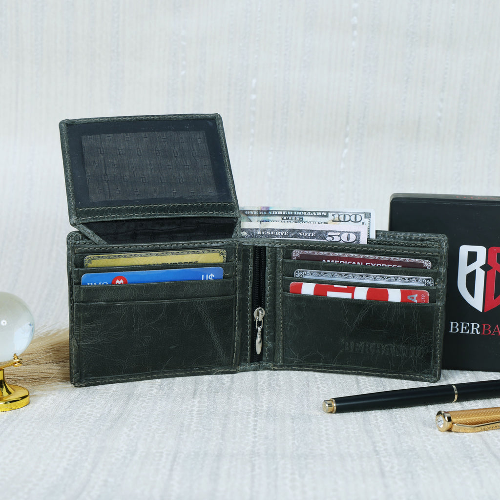 Handcrafted Gaucho Leather Wallet – Dark Olive Bifold with Blue & Black Patagonian Embroidery