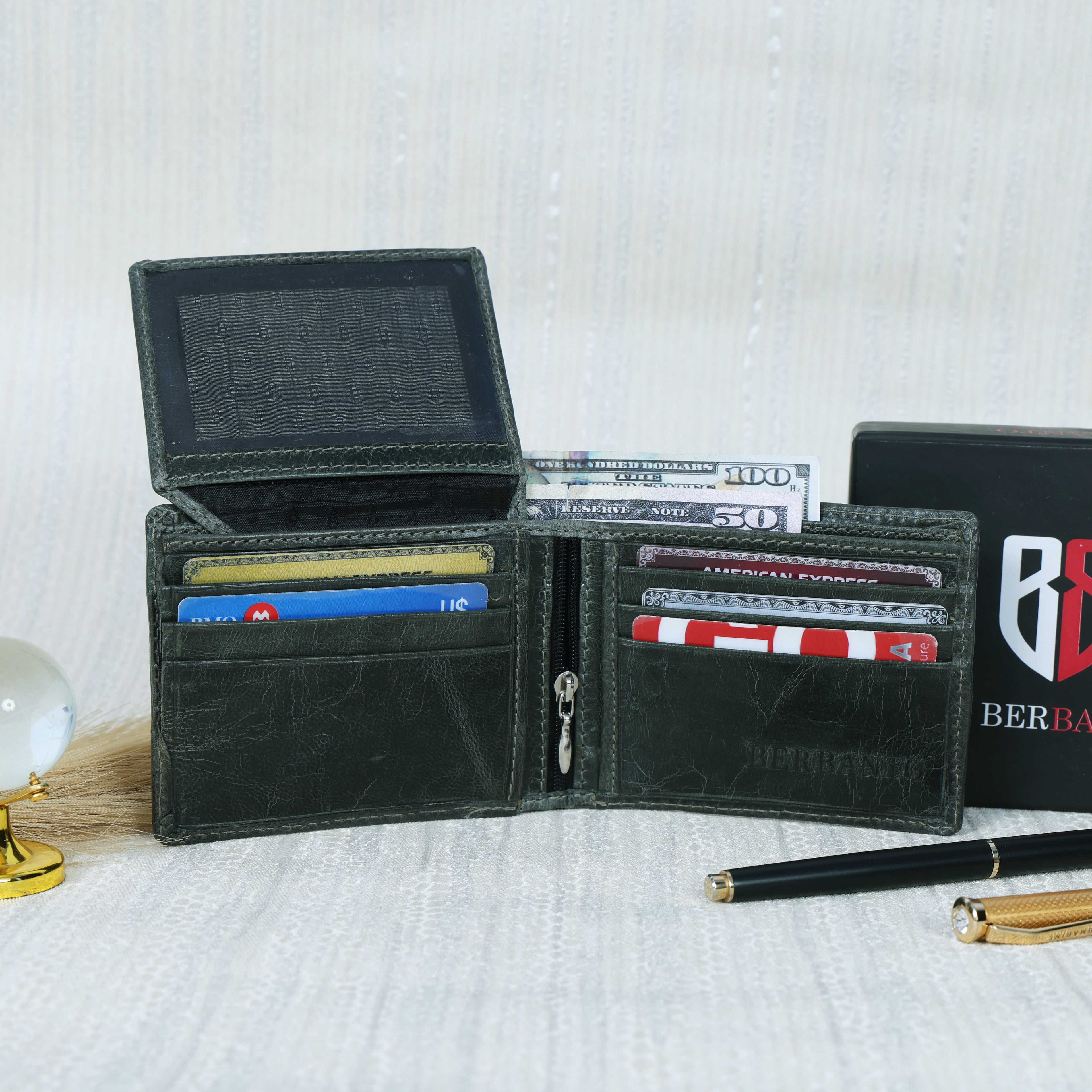 Handcrafted Gaucho Leather Wallet – Dark Olive Bifold with Blue & Black Patagonian Embroidery