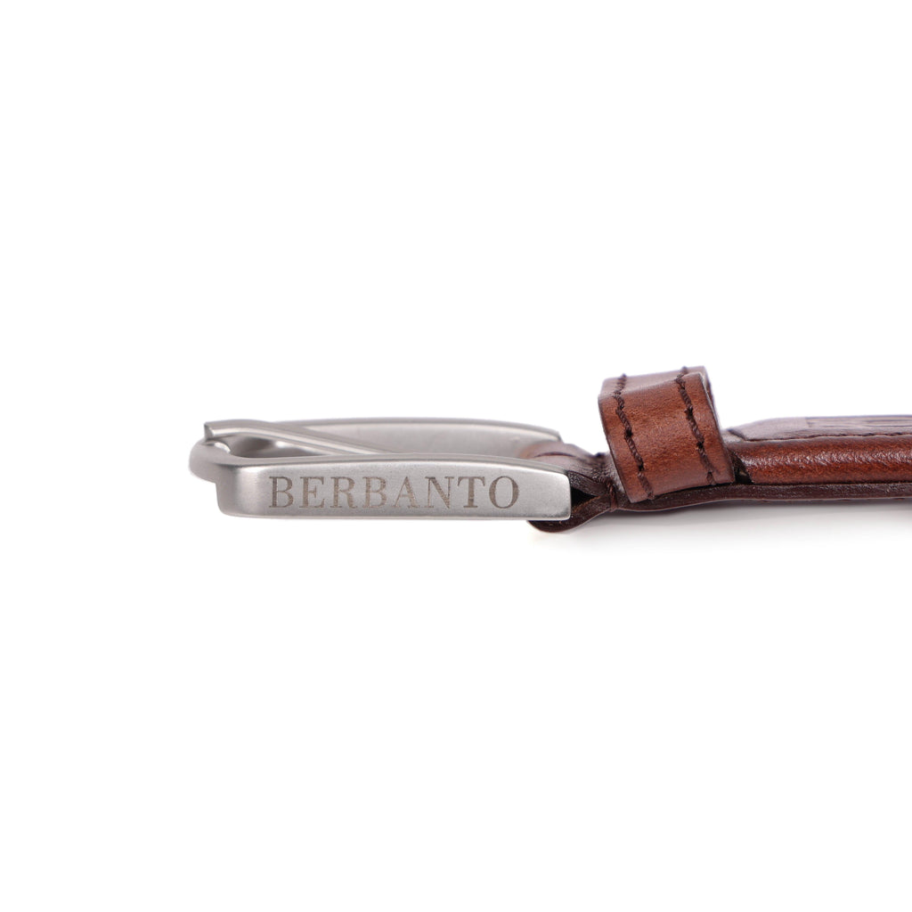Golf Stretch Belt – Navy & Orange Dot with Brown Leather Trim