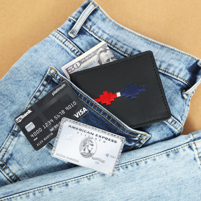 Handmade Leather Gaucho (Polo) Wallet – Matt-Black Bifold with Red & Blue Argentine Embroidery