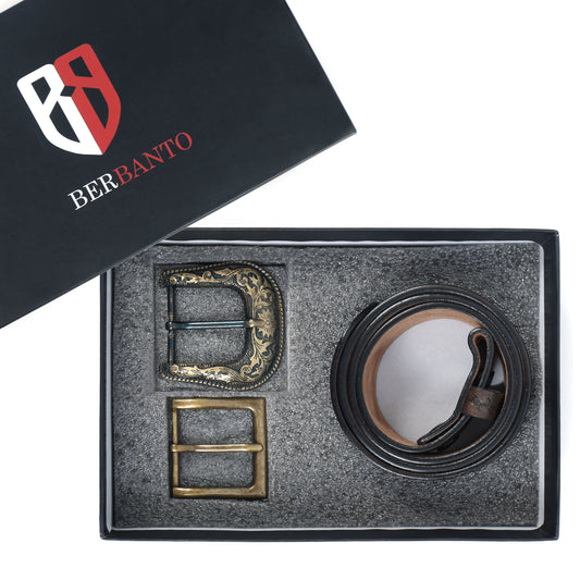 Berbanto Dark Brown Leather Western Belt with Western Engraved Brass Buckle + Free Antique Plain Buckle