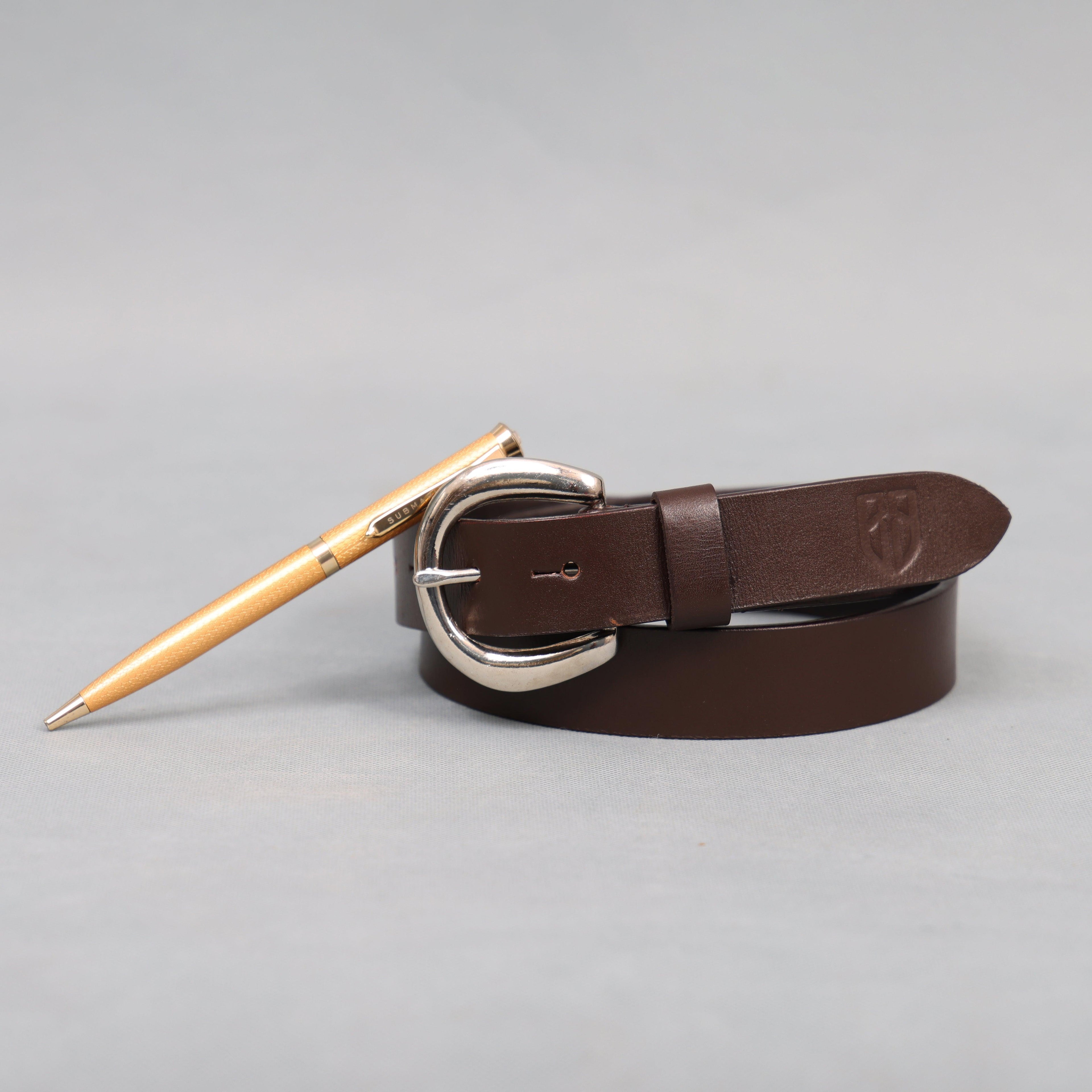 Brown Leather Belt for Women with Silver Round Buckle