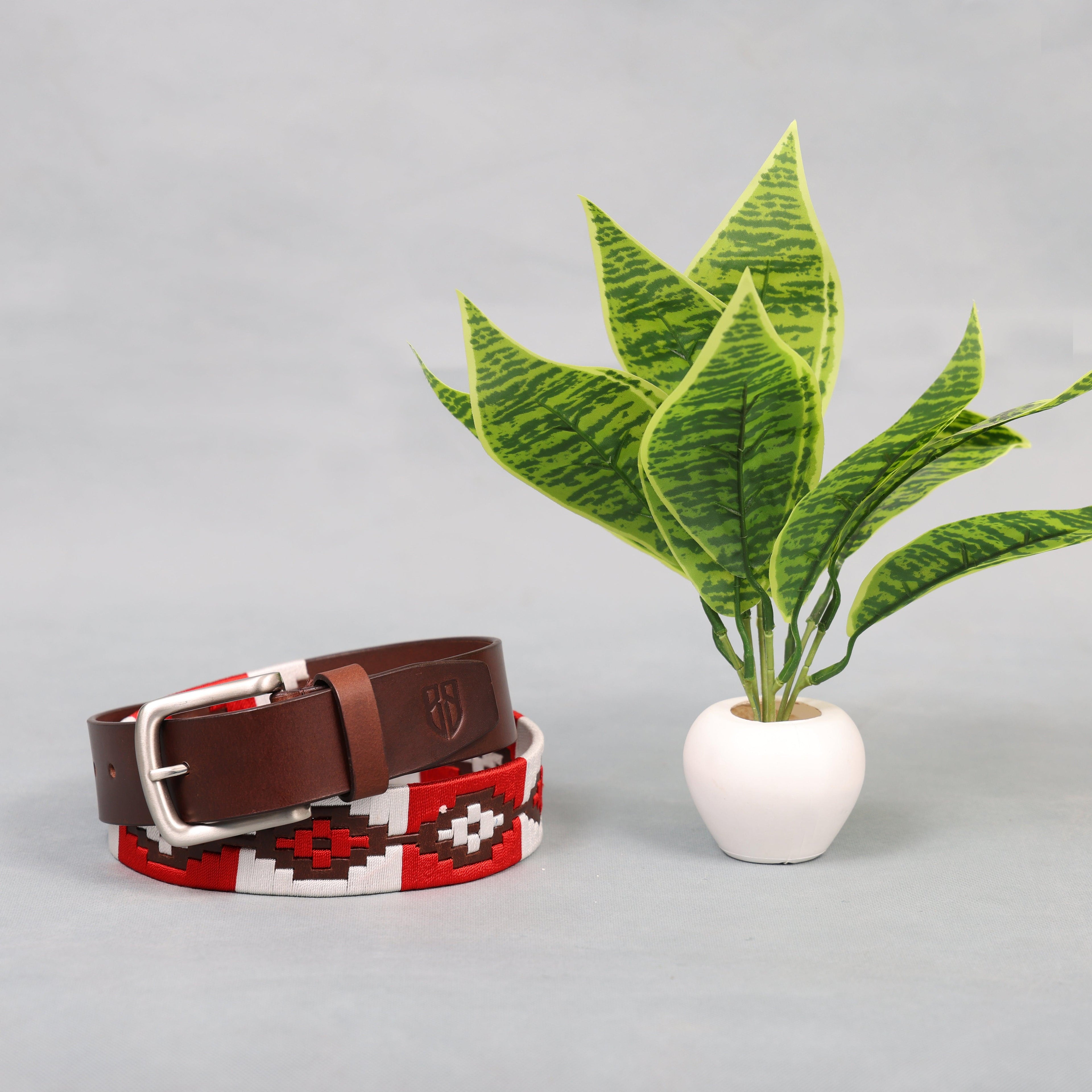Brown Polo Leather Belt with Red and White Stitching & Silver Buckle