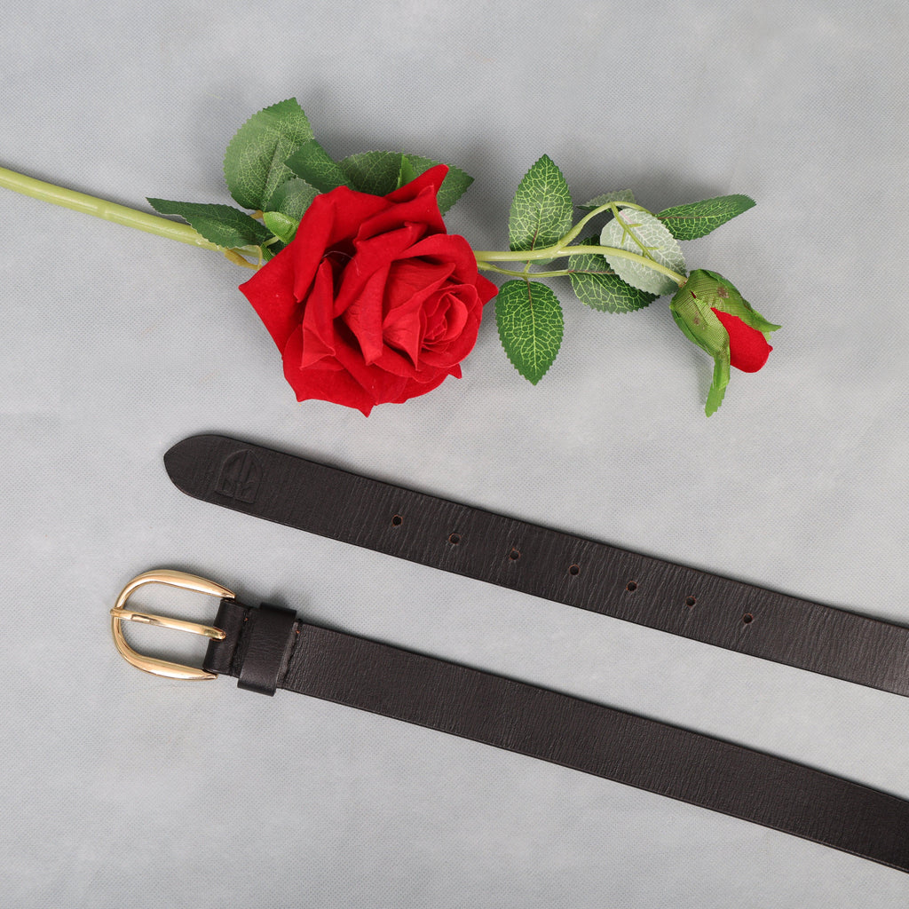 Black Leather Belt for Women with Golden Buckle
