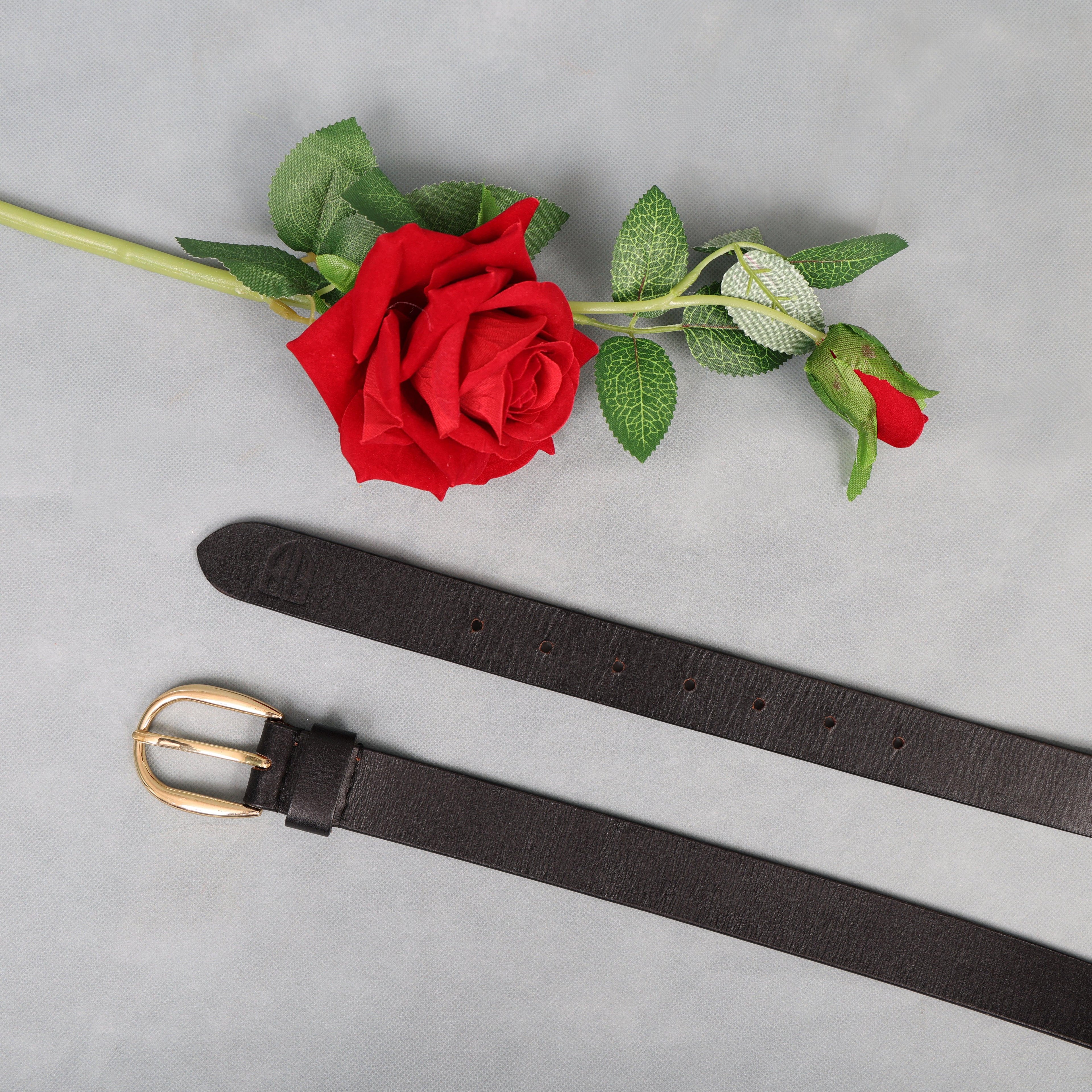 Black Leather Belt for Women with Golden Buckle