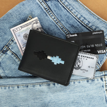 Handcrafted Gaucho Leather Wallet – Matt-Black Bifold with Sky-Blue & Black Patagonian Embroidery