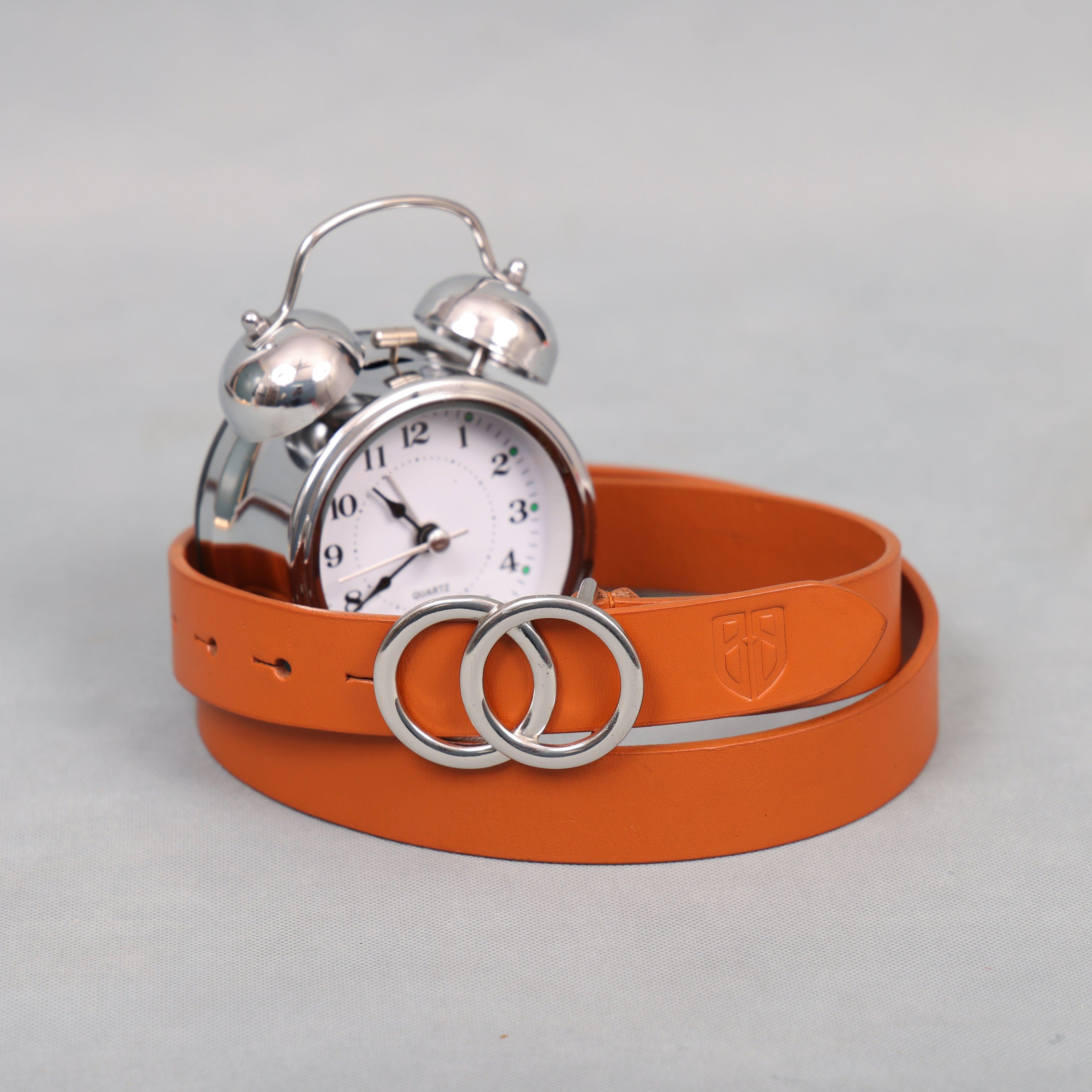 Tan Leather Belt for Women with Double Ring Silver Buckle