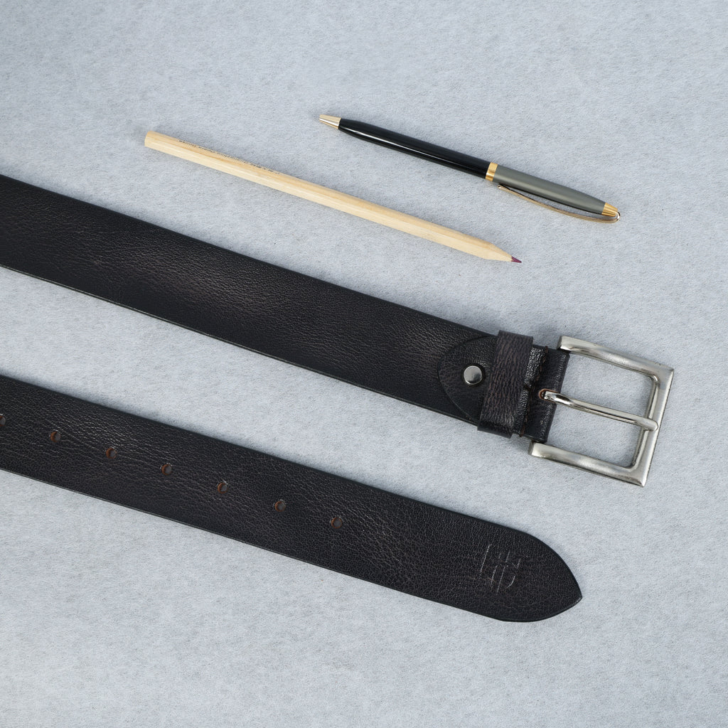 Black Hand-Painted Leather Belt - Distressed with Silver Buckle
