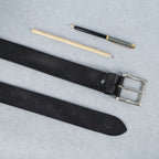Black Hand-Painted Leather Belt - Distressed with Silver Buckle