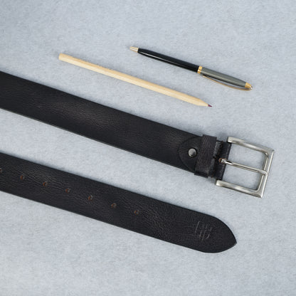 Black Hand-Painted Leather Belt - Distressed with Silver Buckle