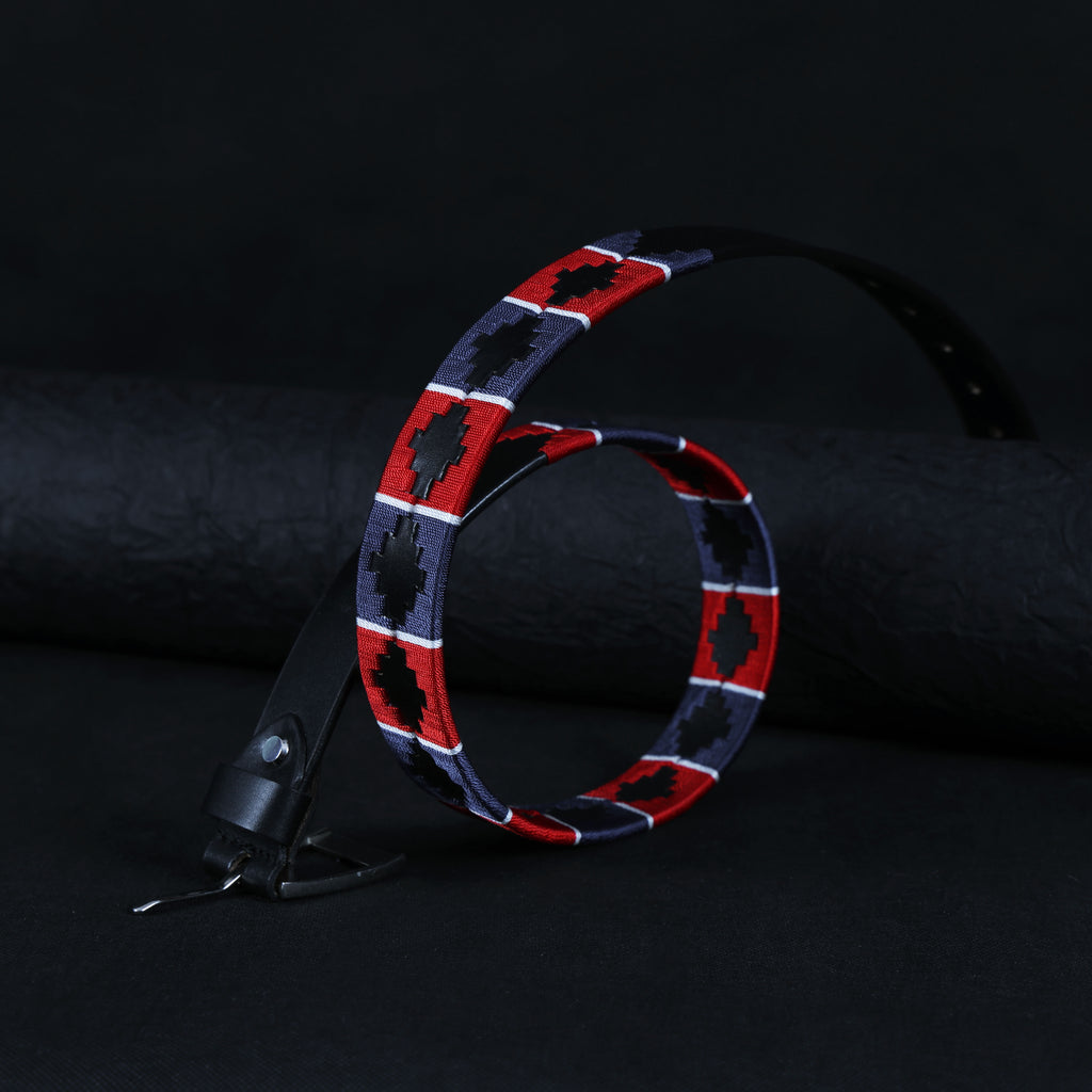 Kids Black Leather Polo Belt – Handcrafted with Red,Navy Blue with White border Embroidery | For Boys & Girls