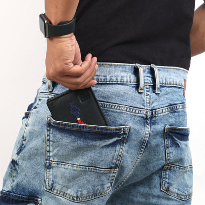 Handmade Leather Gaucho (Polo) Wallet – Matt-Black Bifold with Red & Blue Argentine Embroidery