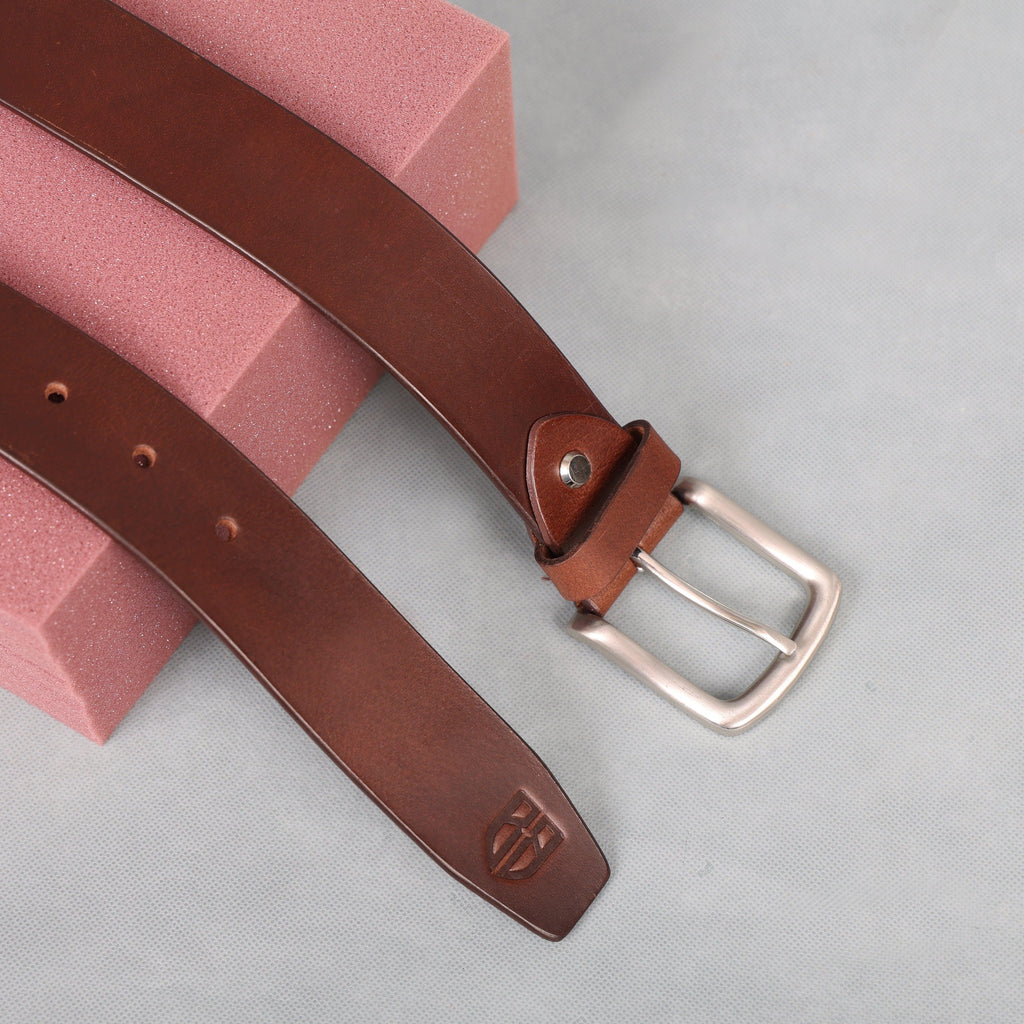 Brown Polo Leather Belt with Red and White Stitching & Silver Buckle