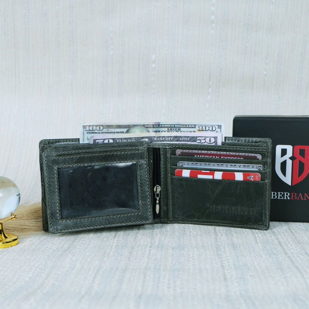 Handcrafted Gaucho Leather Wallet – Dark Olive Bifold with Blue & Black Patagonian Embroidery