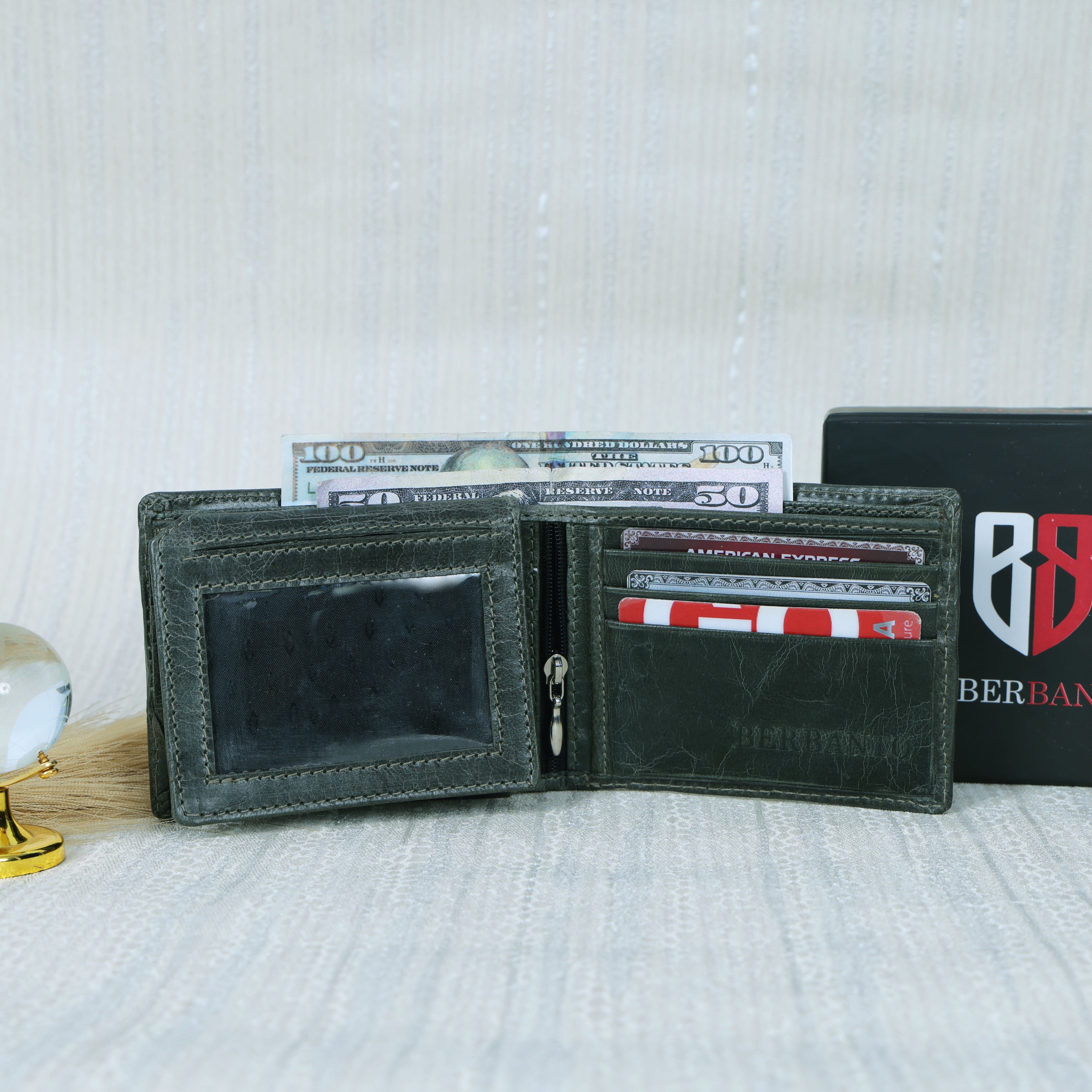 Handcrafted Gaucho Leather Wallet – Dark Olive Bifold with Blue & Black Patagonian Embroidery