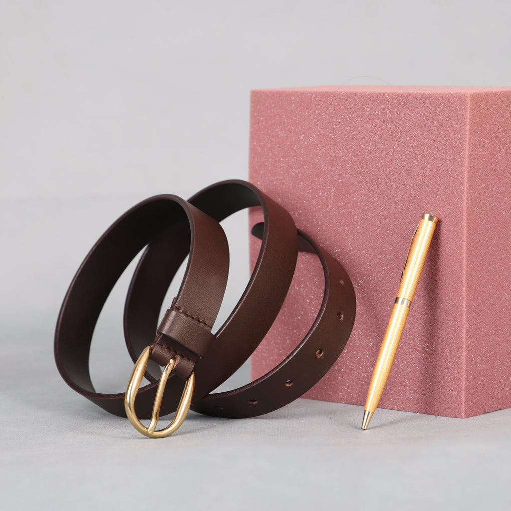Brown Leather Belt for Women with Golden Buckle