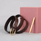 Brown Leather Belt for Women with Golden Buckle