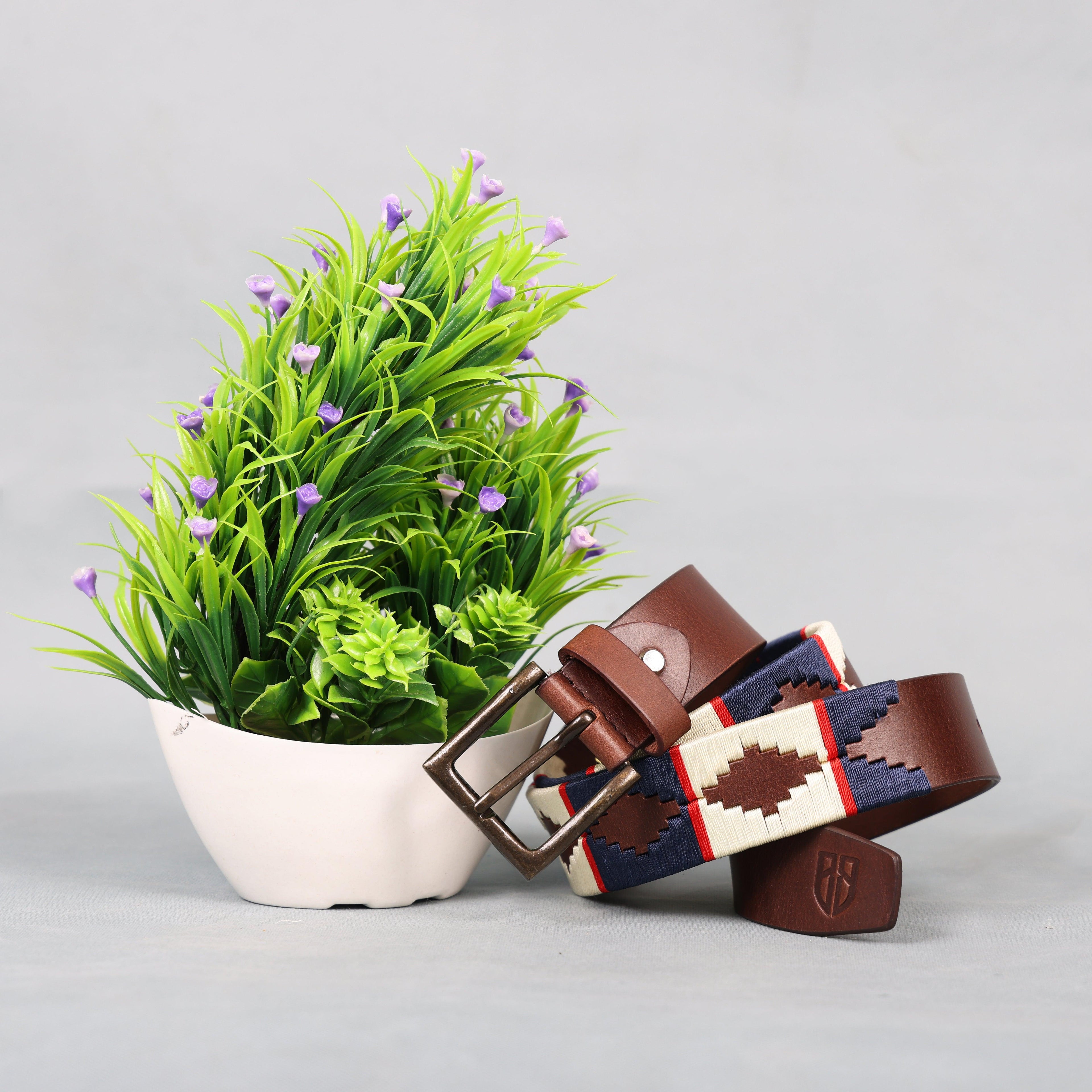 Brown Polo Leather Belt with Cream, Blue, and Red Stitching & Classic Antique Buckle