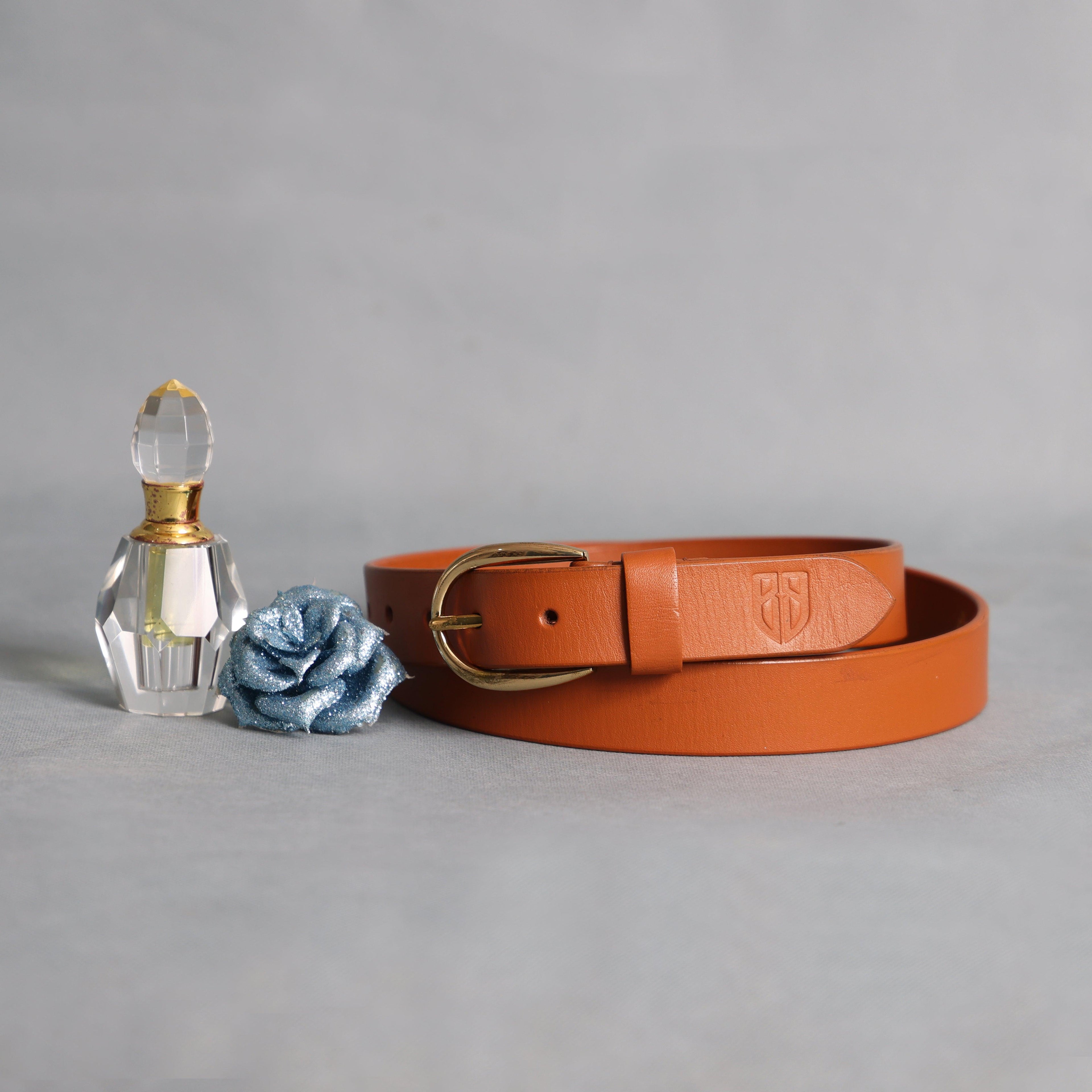 Tan Leather Belt for Women with Golden Buckle