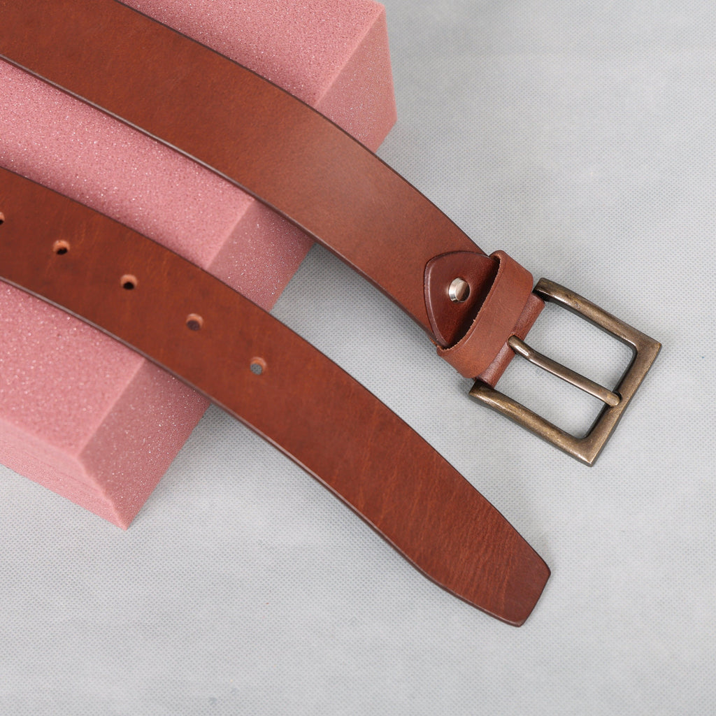 Brown Polo Leather Belt with Red and White Stitching & Antique Buckle